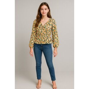 BCX Top Junior L‎ Black Smocked Floral Cottagecore Boho Fairy Garden Bloomcore